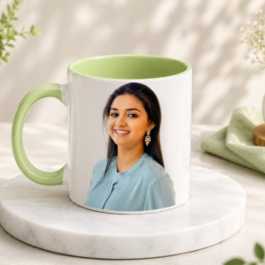 Personalized 3 Tone Baby Green Mug with photo printing, baby green inner coating and matching handle.