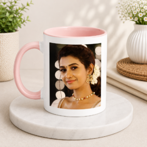 Personalized 3 Tone Baby Pink Mug with photo printing, baby pink inner coating and matching handle.