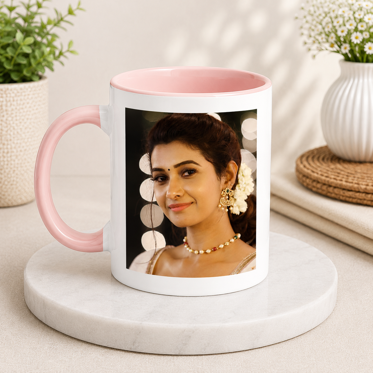 Personalized 3 Tone Baby Pink Mug with photo printing, baby pink inner coating and matching handle.