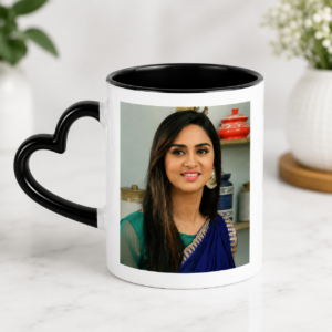 Personalized 3 Tone Black Heart Mug with black inner coating and black heart handle, custom photo printed ceramic mug.