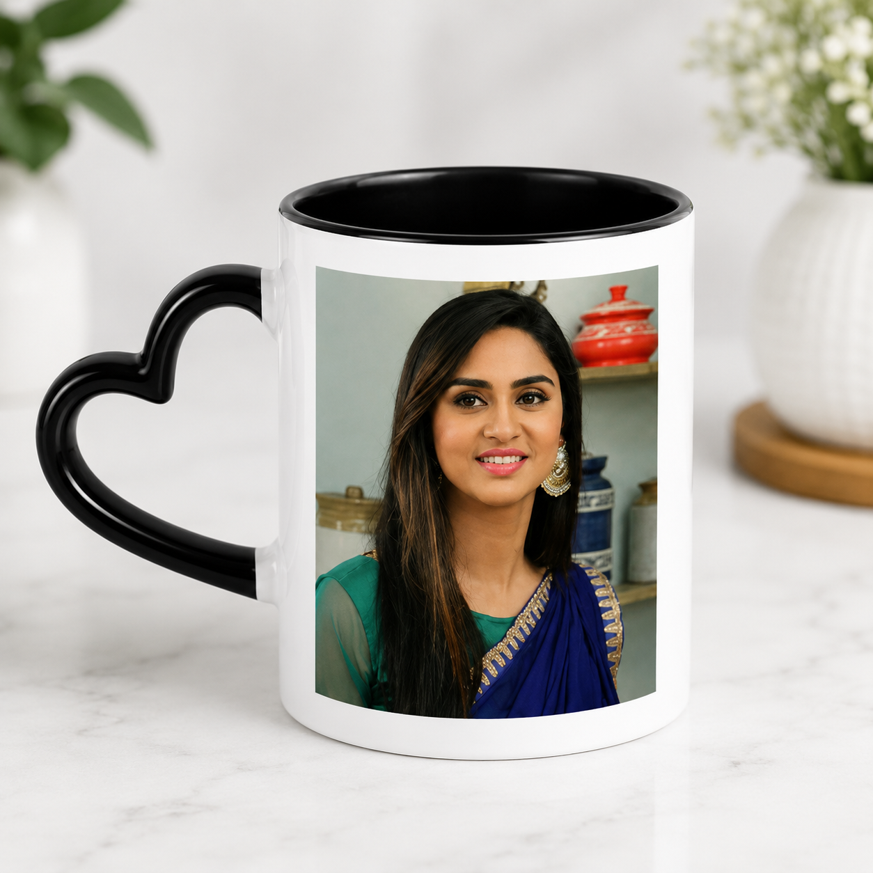 Personalized 3 Tone Black Heart Mug with black inner coating and black heart handle, custom photo printed ceramic mug.