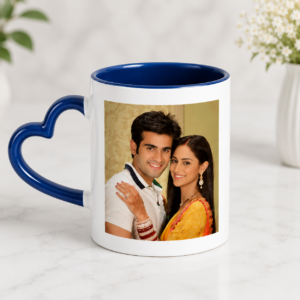 Personalized 3 Tone Dark Blue Inner and Heart Handle Color Mug with custom photo printing and heart-shaped handle.
