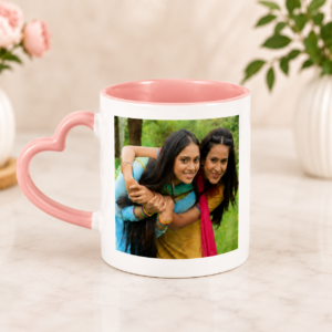 Personalized 3 Tone Light Pink Inner and Heart Handle Color Mug with custom photo printing and heart-shaped handle.