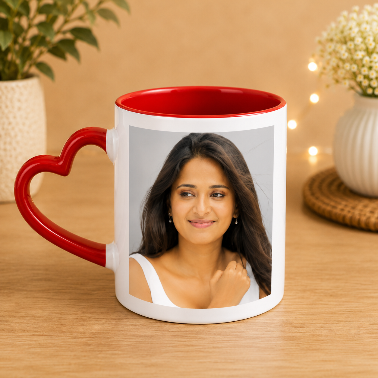 Personalized 3 Tone Red Inner and Heart Handle Color Mug with custom photo printing and heart-shaped handle.