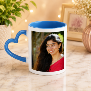 Personalized 3 Tone Sky Blue Inner and Heart Handle Color Mug with custom photo printing and heart-shaped handle.