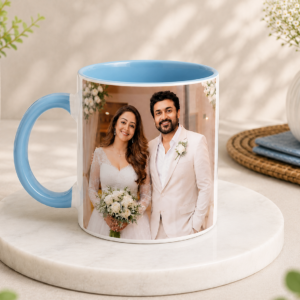 Personalized 3 Tone Sky Blue Mug with photo printing, sky blue inner coating and matching handle.