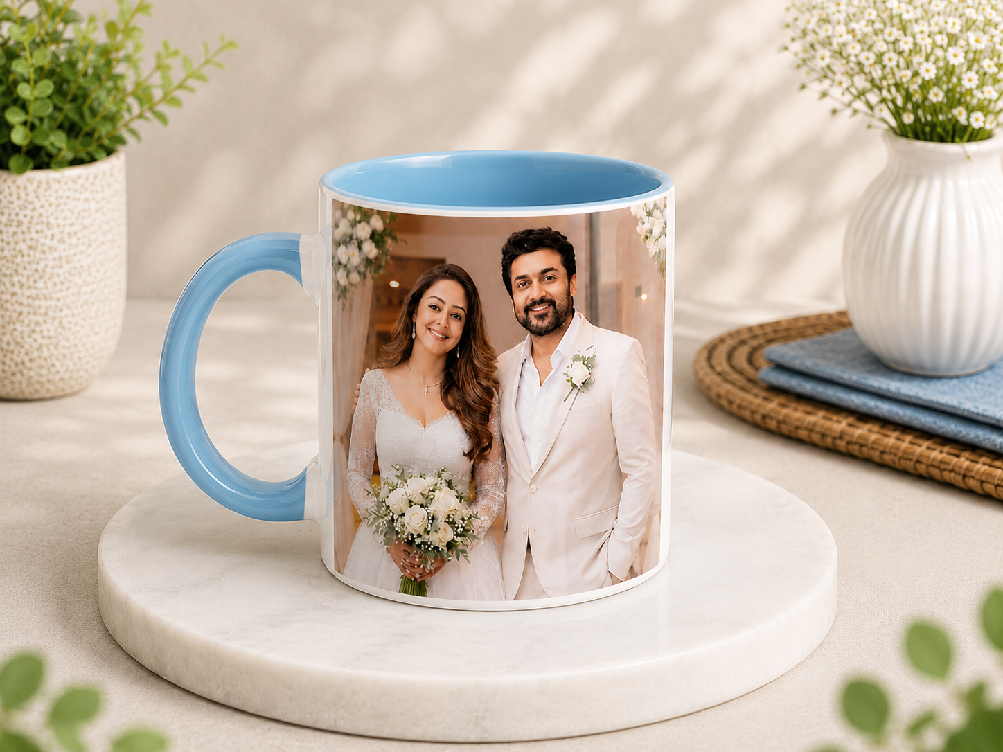 Personalized 3 Tone Sky Blue Mug with photo printing, sky blue inner coating and matching handle.