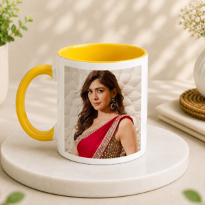 Personalized 3 Tone Yellow Mug with photo printing, yellow inner coating and matching yellow handle.