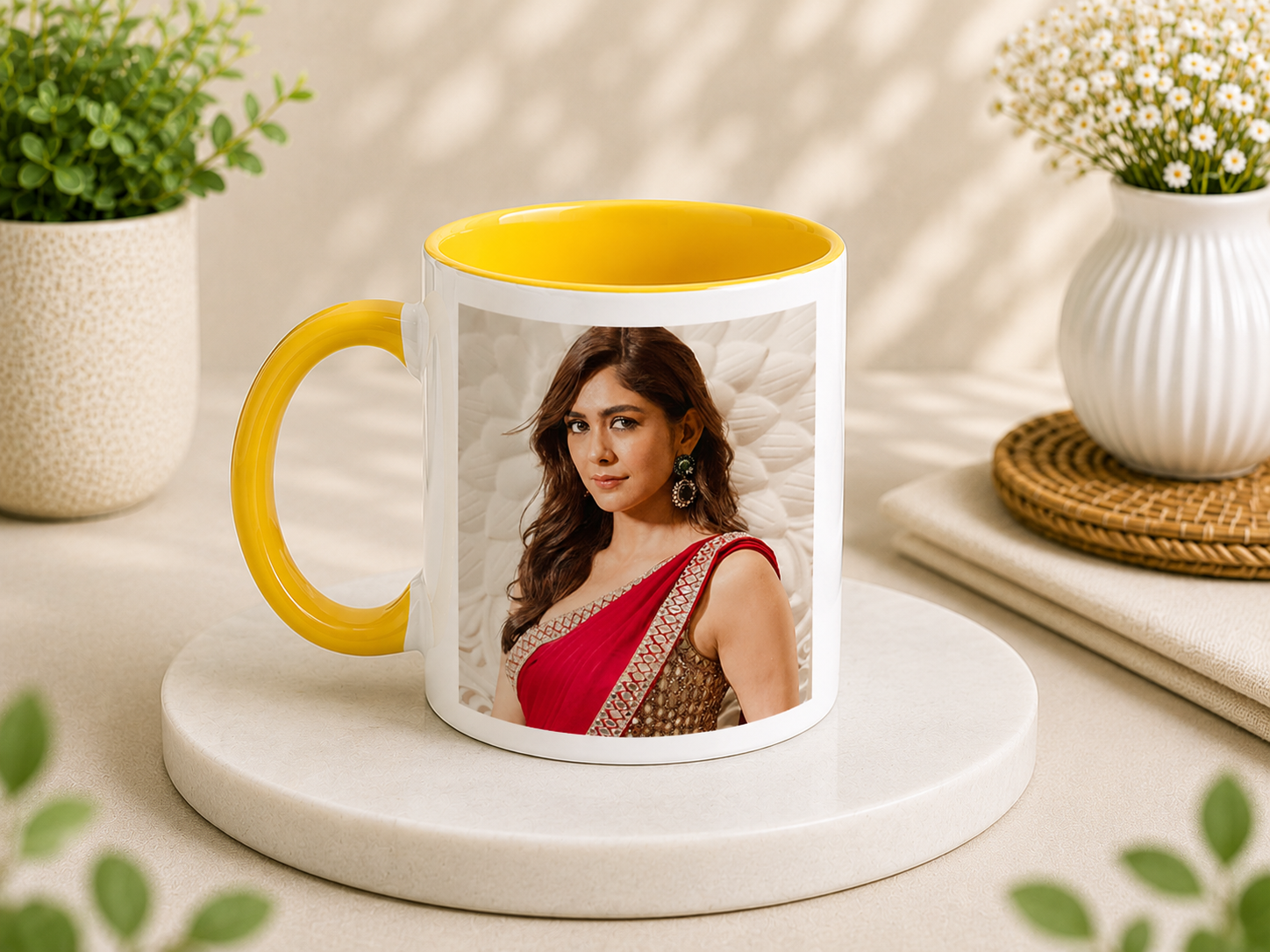 Personalized 3 Tone Yellow Mug with photo printing, yellow inner coating and matching yellow handle.