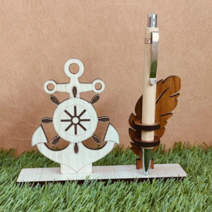 Personalized Anchor Pen Stand with ship wheel design, nautical wooden desk organizer, custom engraved pen holder, MDF wood pen stand, office desk accessory, navy-themed gift, personalized wooden stationery holder.