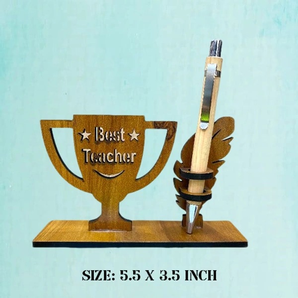 Personalized Best Teacher Pen Stand with trophy design, wooden teacher gift, custom engraved pen holder, Teachers Day appreciation gift, desk organizer for educators.