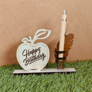 Birthday Pen Stand with apple design, custom engraved wooden pen holder, laser-cut MDF desk organizer, teacher appreciation gift, birthday desk accessory,