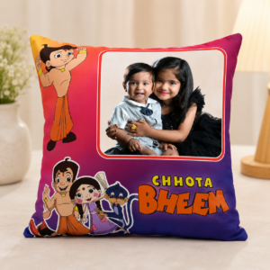 Personalized Chhota Bheem Photo Cushion with custom child photo, cartoon-themed square pillow, kids personalized cushion, birthday gift for children, baby photo cushion, custom printed pillow, kids room décor, and personalized cartoon gift.