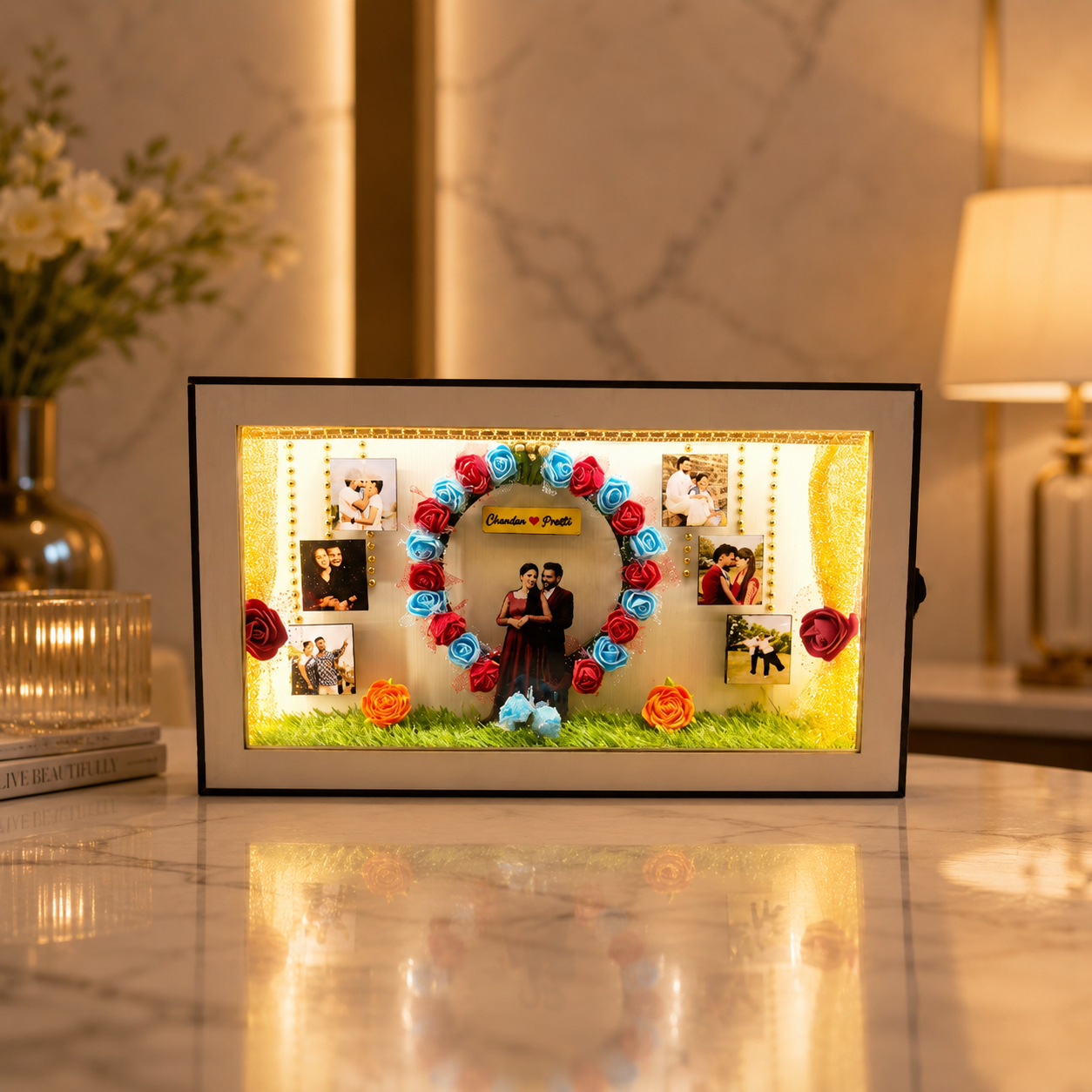 Personalized Couple LED Box Frame 8x14 Inch with Floral Arch and Custom Photos