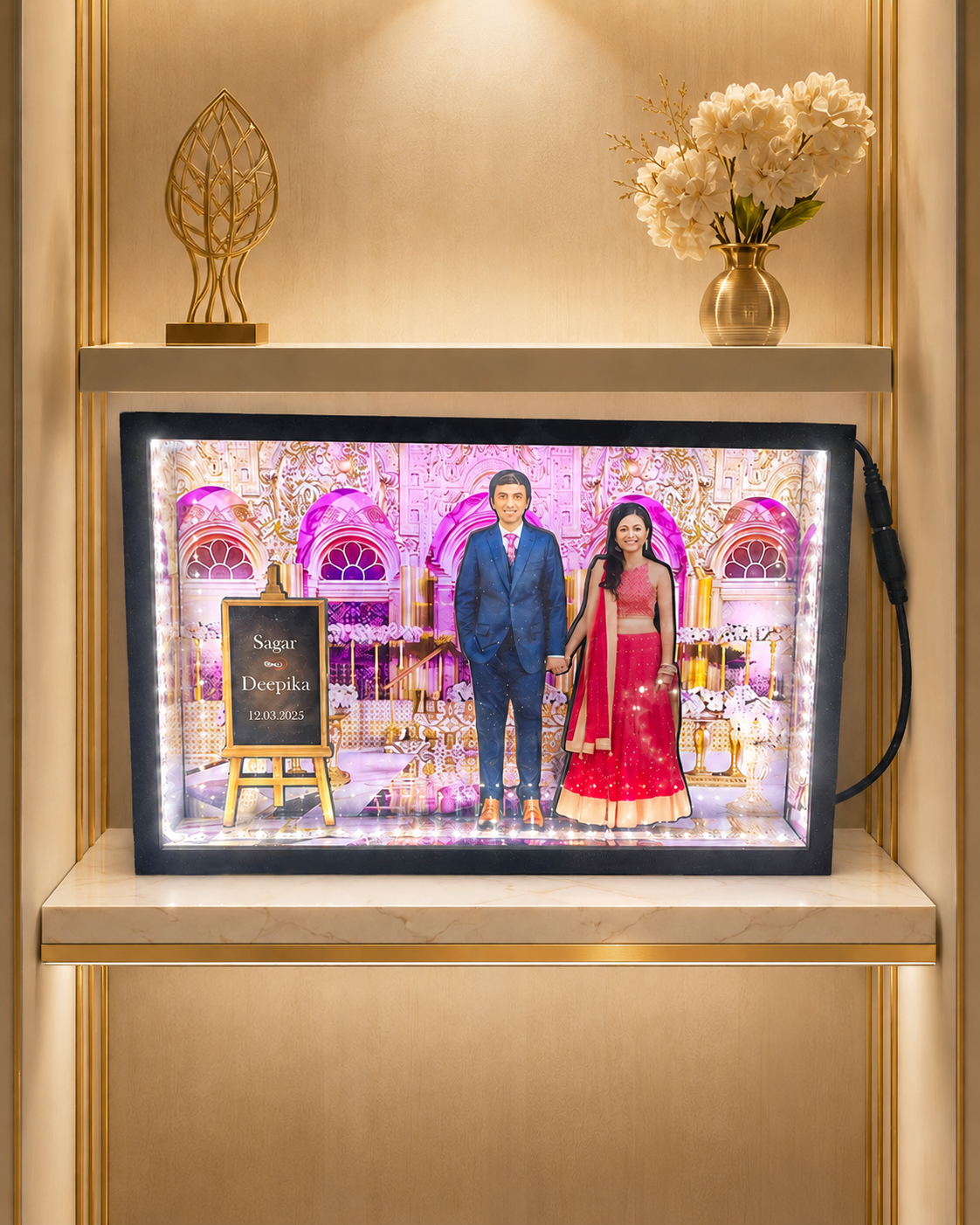 Personalized Couple Miniature LED Box A4 Size with Palace Background Theme and Custom Cutout