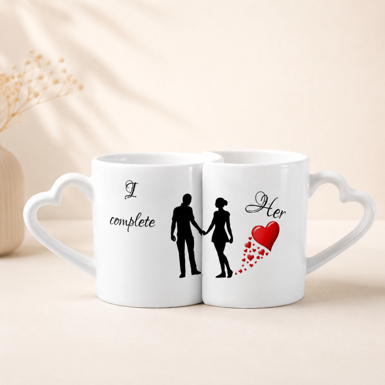 Personalized Couple Mug Set with heart-shaped handles and custom photo printing for couples.