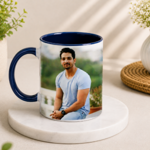 Personalized Dark Blue Colour Ceramic Mug with custom photo printing, dark blue inner coating, and matching handle.