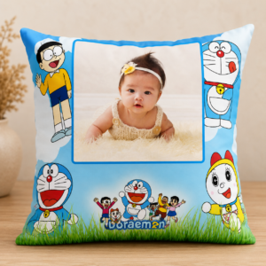 Personalized Doraemon Photo Cushion with custom child photo, cartoon-themed square pillow, kids personalized cushion, custom printed Doraemon gift, birthday gift for children, baby photo pillow, and nursery room décor.