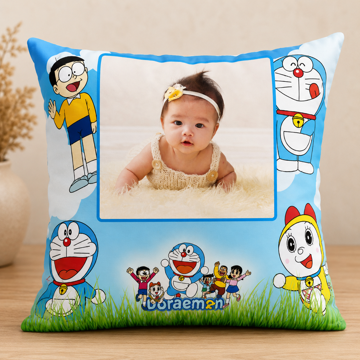 Personalized Doraemon Photo Cushion with custom child photo, cartoon-themed square pillow, kids personalized cushion, custom printed Doraemon gift, birthday gift for children, baby photo pillow, and nursery room décor.