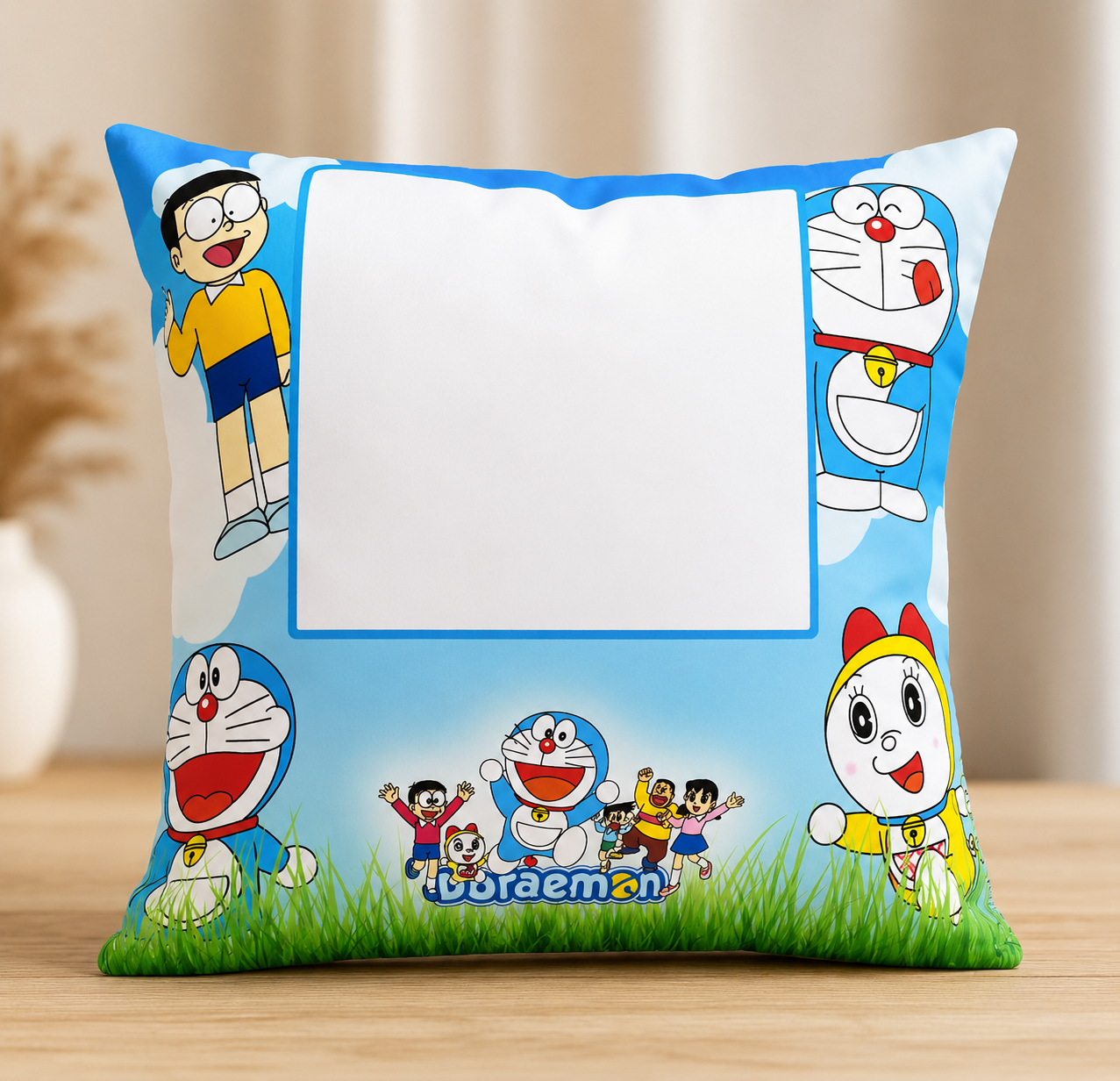 Personalized Doraemon cushion with custom photo printing for kids birthday gifts and bedroom decoration.