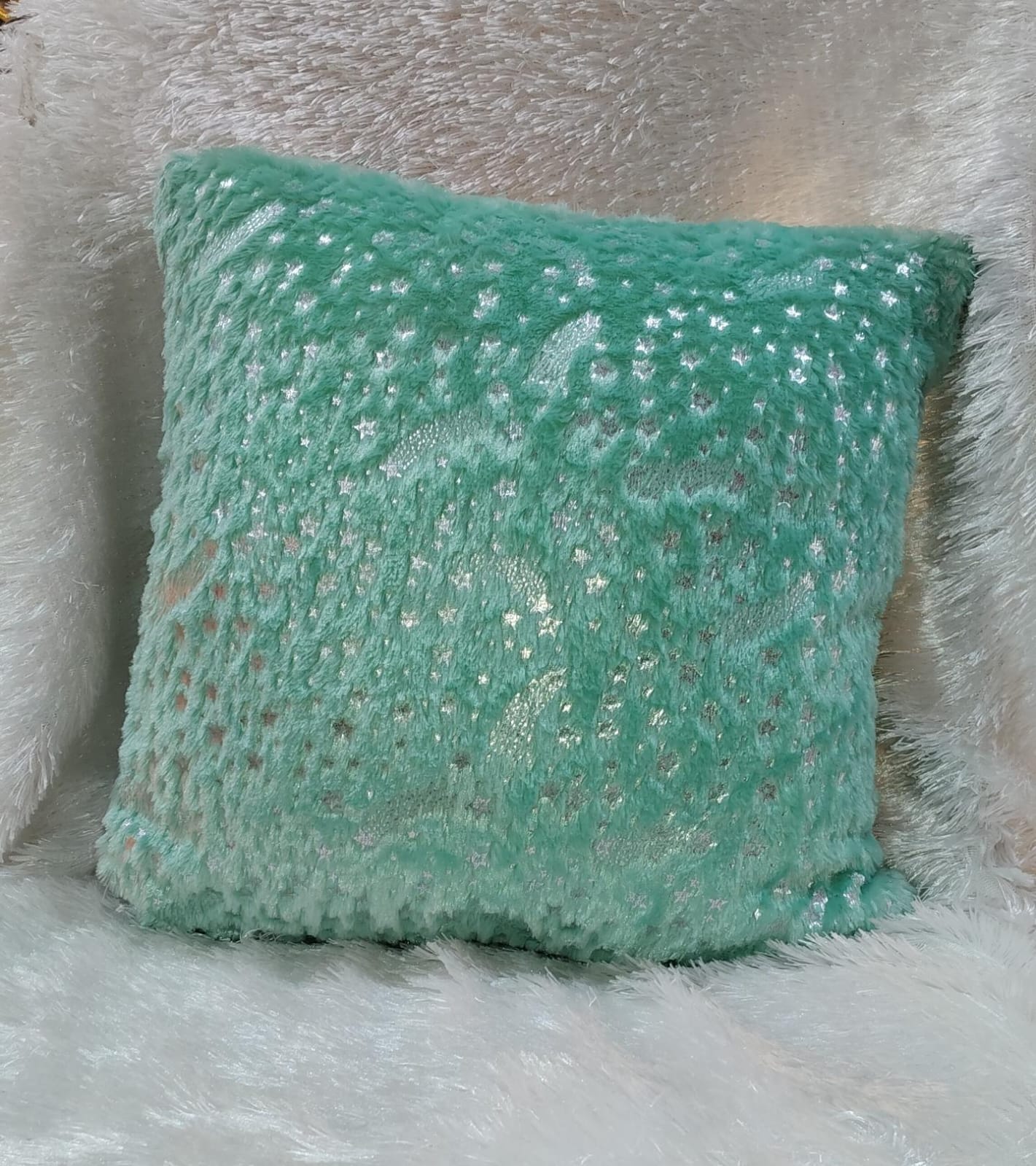 Mint Green Foil Fur Cushion with Custom Photo Print - Image 2