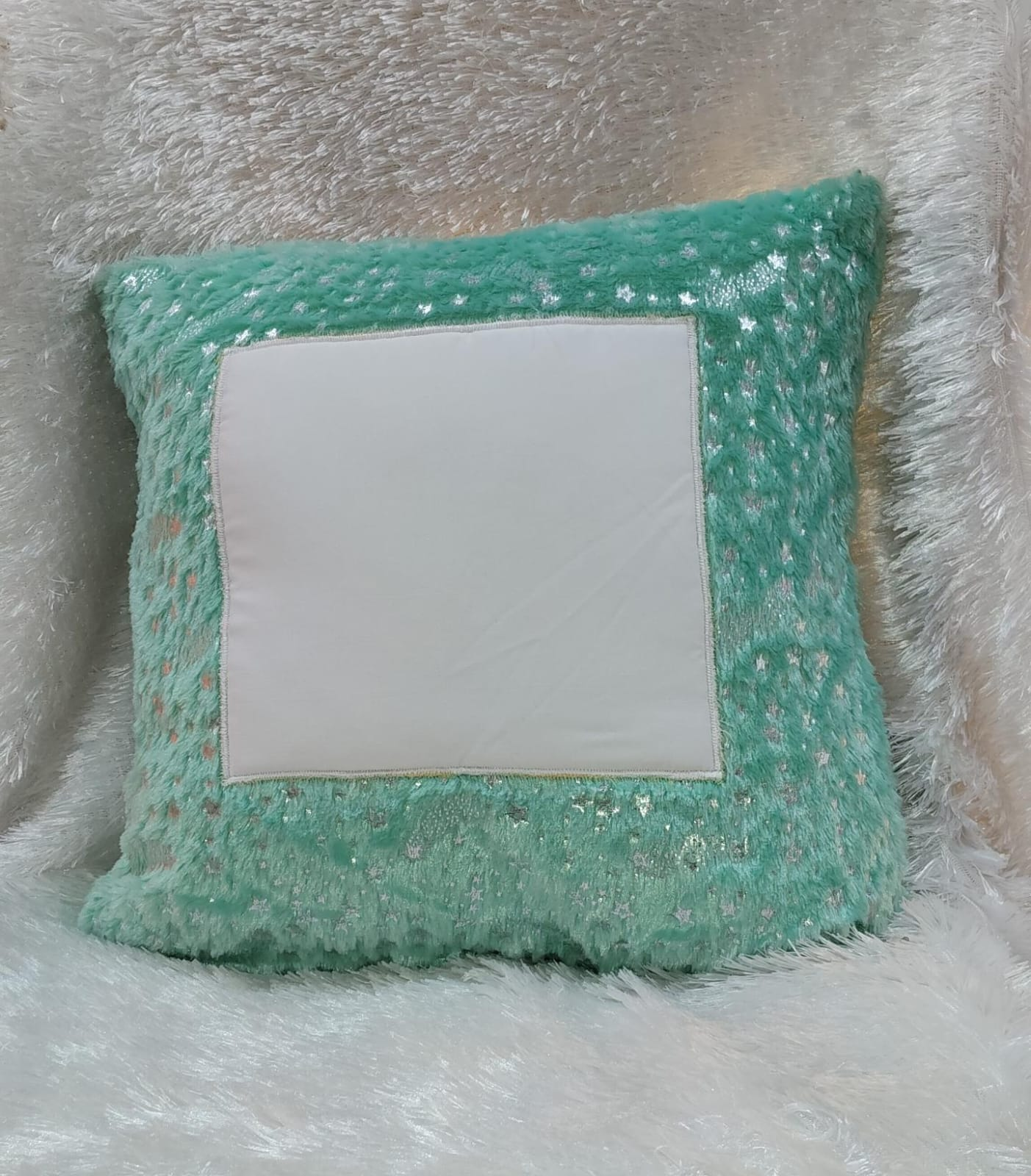 Personalized Mint Green Foil Fur Cushion with Custom Photo Print and Soft Fur Fabric for Gifts and Home Decor