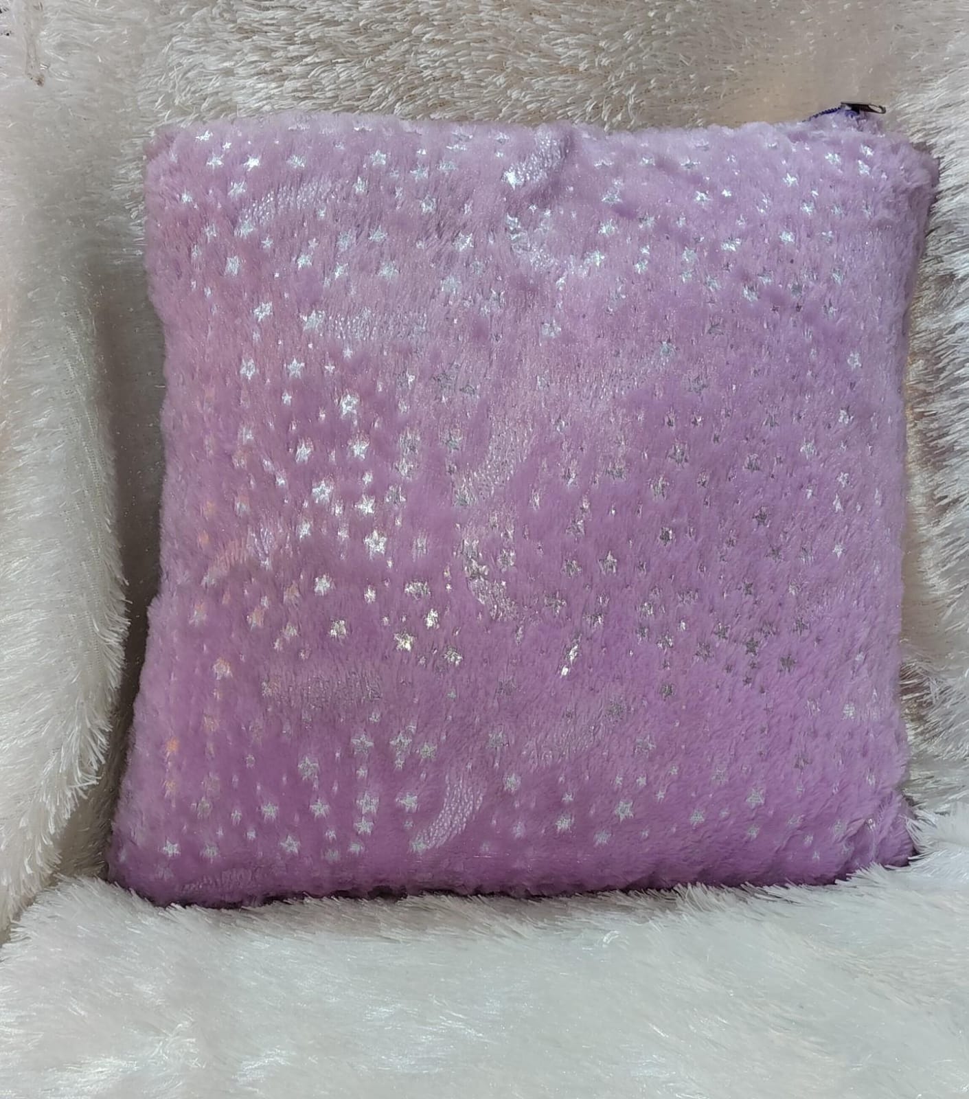 Purple Foil Fur Cushion with Custom Photo Print - Image 3