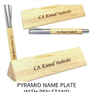 Personalized Wooden Pen Box with engraved pen and pyramid name plate, custom wooden office gift, executive desk accessory, corporate gifting item, professional name plate with pen holder, personalized wooden gift set.