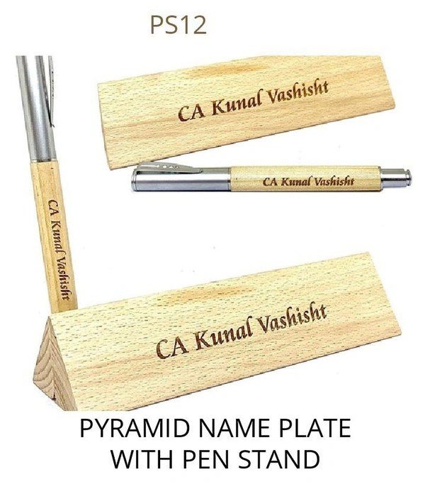 Personalized Wooden Pen Box with engraved pen and pyramid name plate, custom wooden office gift, executive desk accessory, corporate gifting item, professional name plate with pen holder, personalized wooden gift set.