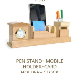 Personalized Wooden Pen Stand with analog clock, mobile holder and card holder, custom engraved desk organizer, executive office accessory, corporate gifting item, premium wooden pen holder, multifunction desk organizer with clock.