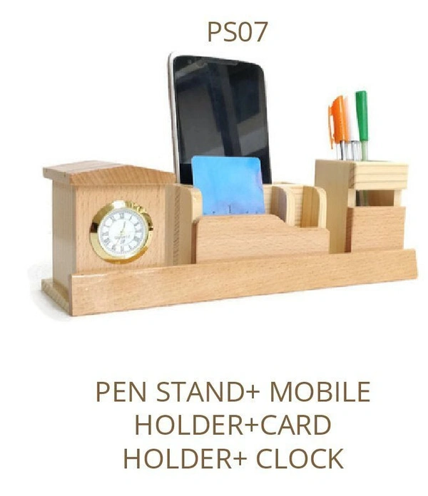 Personalized Wooden Pen Stand with analog clock, mobile holder and card holder, custom engraved desk organizer, executive office accessory, corporate gifting item, premium wooden pen holder, multifunction desk organizer with clock.