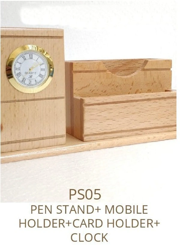 Personalized Wooden Pen Stand with analog clock, mobile holder and business card holder, custom engraved desk organizer, corporate gifting accessory, executive office desk organizer, wooden pen holder with clock.