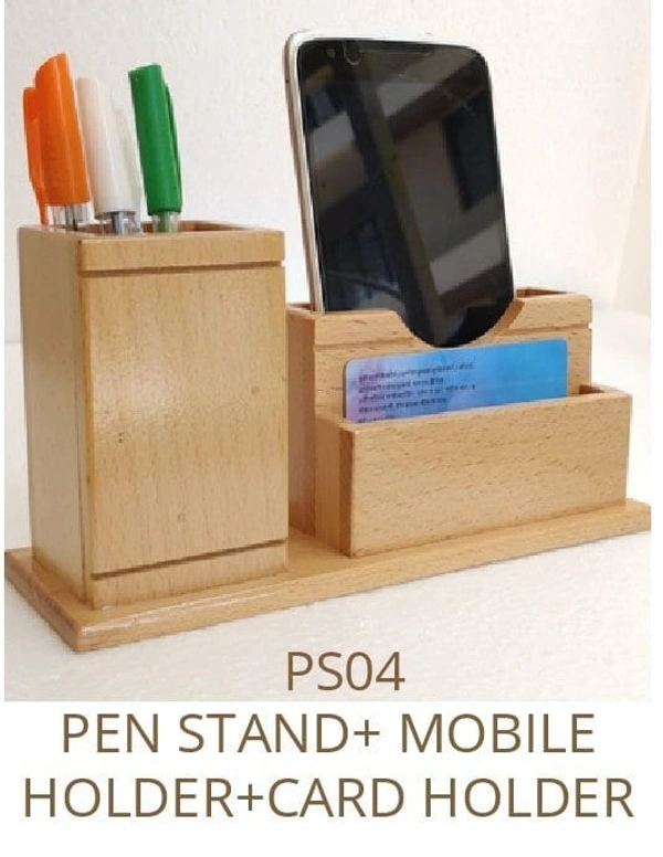 Personalized Wooden Pen Stand with mobile holder and business card holder, custom engraved desk organizer, office desk accessory, executive workspace organizer, wooden pen holder, corporate gifting product, professional desk organizer.