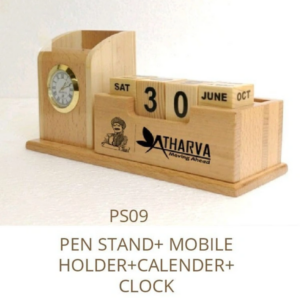 Personalized Wooden Pen Stand with perpetual calendar, analog clock, mobile holder and custom engraving, executive desk organizer, office desk accessory, corporate gifting item, wooden pen holder with calendar and clock.