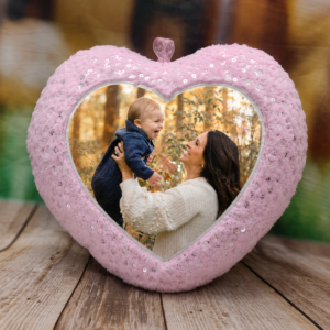 Pink Heart Photo Cushion with personalized photo printing, custom heart-shaped cushion featuring mother and child photo, soft plush memory pillow, personalized gift for Mother's Day, birthdays, anniversaries, baby memories, and family celebrations.