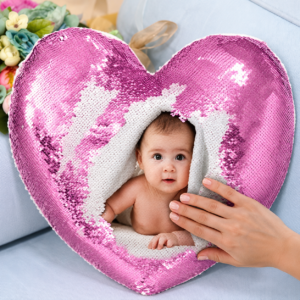 Pink Heart Shaped Sequin Pillow with custom photo printing, reversible magic sequin cushion