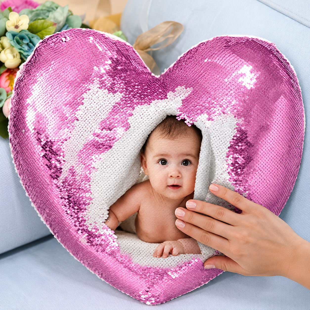 Pink Heart Shaped Sequin Pillow with custom photo printing, reversible magic sequin cushion