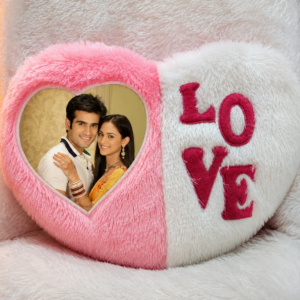 Pink Love Heart Fur Pillow with personalized photo printing, heart-shaped fur cushion featuring LOVE embroidery, customized gift for anniversaries, Valentine's Day, weddings, birthdays, couple gifts, and romantic home décor.