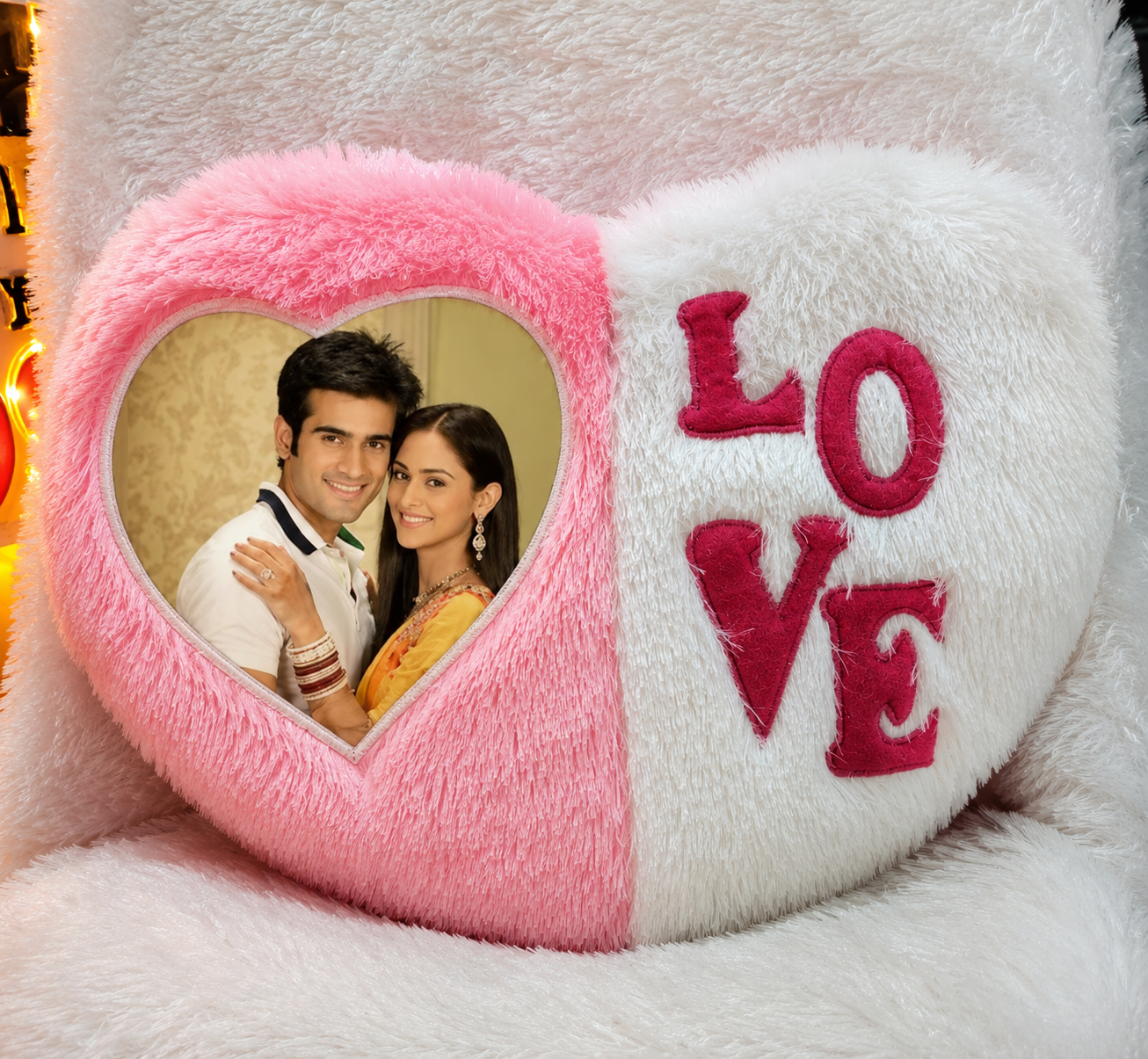 Pink Love Heart Fur Pillow with personalized photo printing, heart-shaped fur cushion featuring LOVE embroidery, customized gift for anniversaries, Valentine's Day, weddings, birthdays, couple gifts, and romantic home décor.