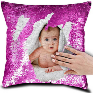 Pink Square Shaped Sequin Pillow with personalized photo printing, magic reversible sequin cushion, custom photo pillow gift for birthdays, anniversaries, Valentine's Day, baby memories, weddings, and home decoration.