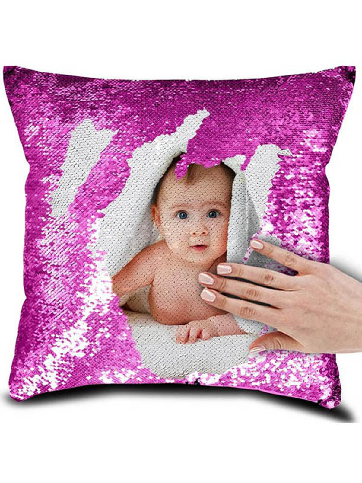 Pink Square Shaped Sequin Pillow with personalized photo printing, magic reversible sequin cushion, custom photo pillow gift for birthdays, anniversaries, Valentine's Day, baby memories, weddings, and home decoration.