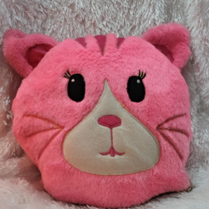 Pink cat cushion made from soft plush fabric with cute animal face design for kids room décor, gifting, and comfortable everyday use.