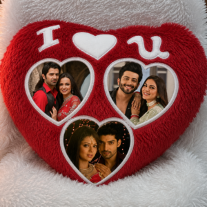 Red Heart Multi Photo Fur Pillow with three personalized photo windows, soft heart-shaped fur cushion, customized gift for anniversaries, Valentine's Day, weddings, birthdays, couple gifts, and home décor.