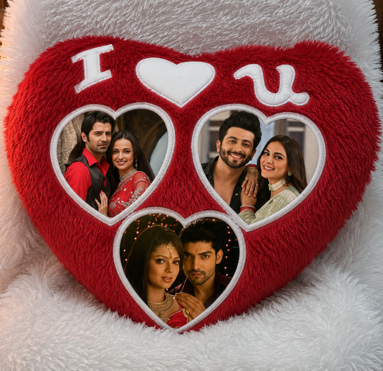 Red Heart Multi Photo Fur Pillow with three personalized photo windows, soft heart-shaped fur cushion, customized gift for anniversaries, Valentine's Day, weddings, birthdays, couple gifts, and home décor.