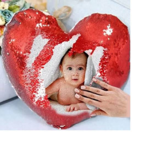 Red Heart Shaped Sequin Pillow with reversible magic sequins, custom photo printing, personalized heart cushion, sparkling red decorative pillow for Valentine's Day, anniversaries, weddings, birthdays, and romantic