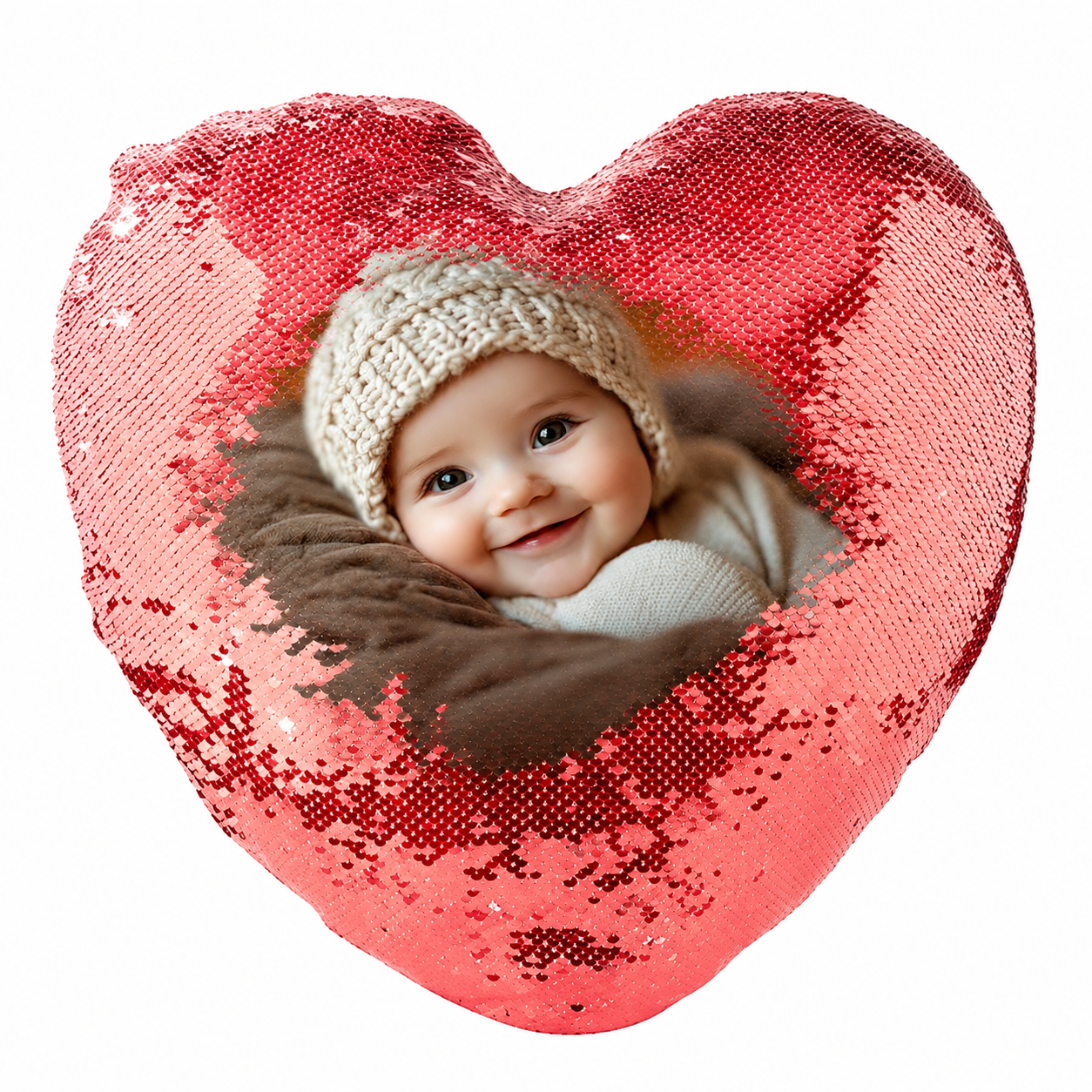 Red Heart Shaped Sequin Pillow with reversible magic sequins, custom photo printing - Image 2
