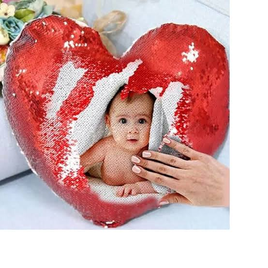 Red Heart Shaped Sequin Pillow with reversible magic sequins, custom photo printing, personalized heart cushion, sparkling red decorative pillow for Valentine's Day, anniversaries, weddings, birthdays, and romantic