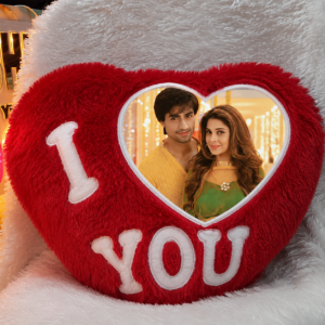Red I Love You Fur Heart Pillow with personalized photo printing, heart-shaped custom cushion, romantic red fur pillow for Valentine's Day, anniversary gifts, wedding gifts, couple gifts, and personalized home décor.