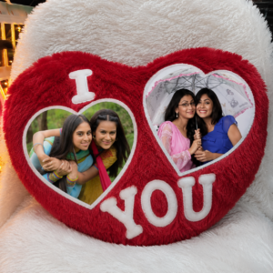 Red Sister Photo Fur Pillow with two heart-shaped personalized photo windows, soft red fur cushion featuring I Love You embroidery, customized gift for sisters, Raksha Bandhan, birthdays, friendship celebrations, and family memories.