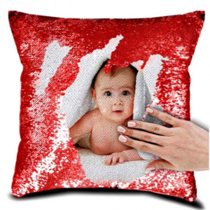 Red Square Shaped Sequin Pillow with personalized photo printing,